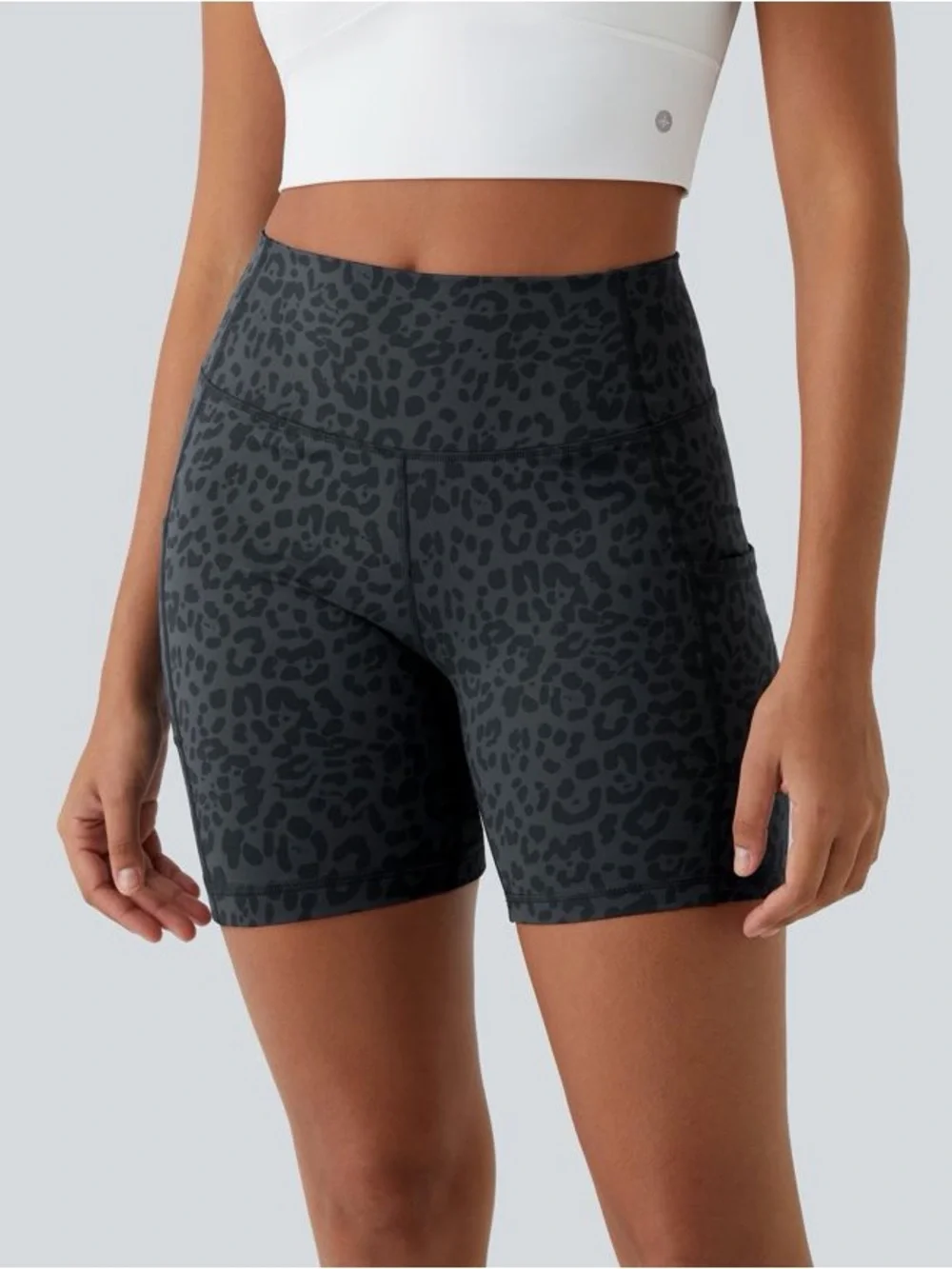 HALARA S NWT Dark Gray Blue Leopard Print High-Waist Pocket Biker Shorts
